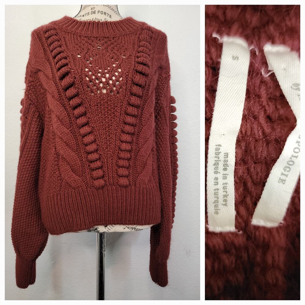 Anthropologie Chunky Knit Crop Sweater Small Balloon Sleeves Maroon 1632099